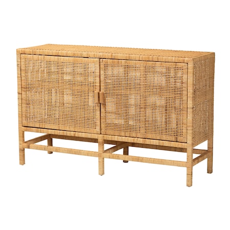 Baxton Studio Vivan Modern Bohemian Natural Brown Rattan and Mahogany Wood Storage Cabinet 228-13135-ZORO